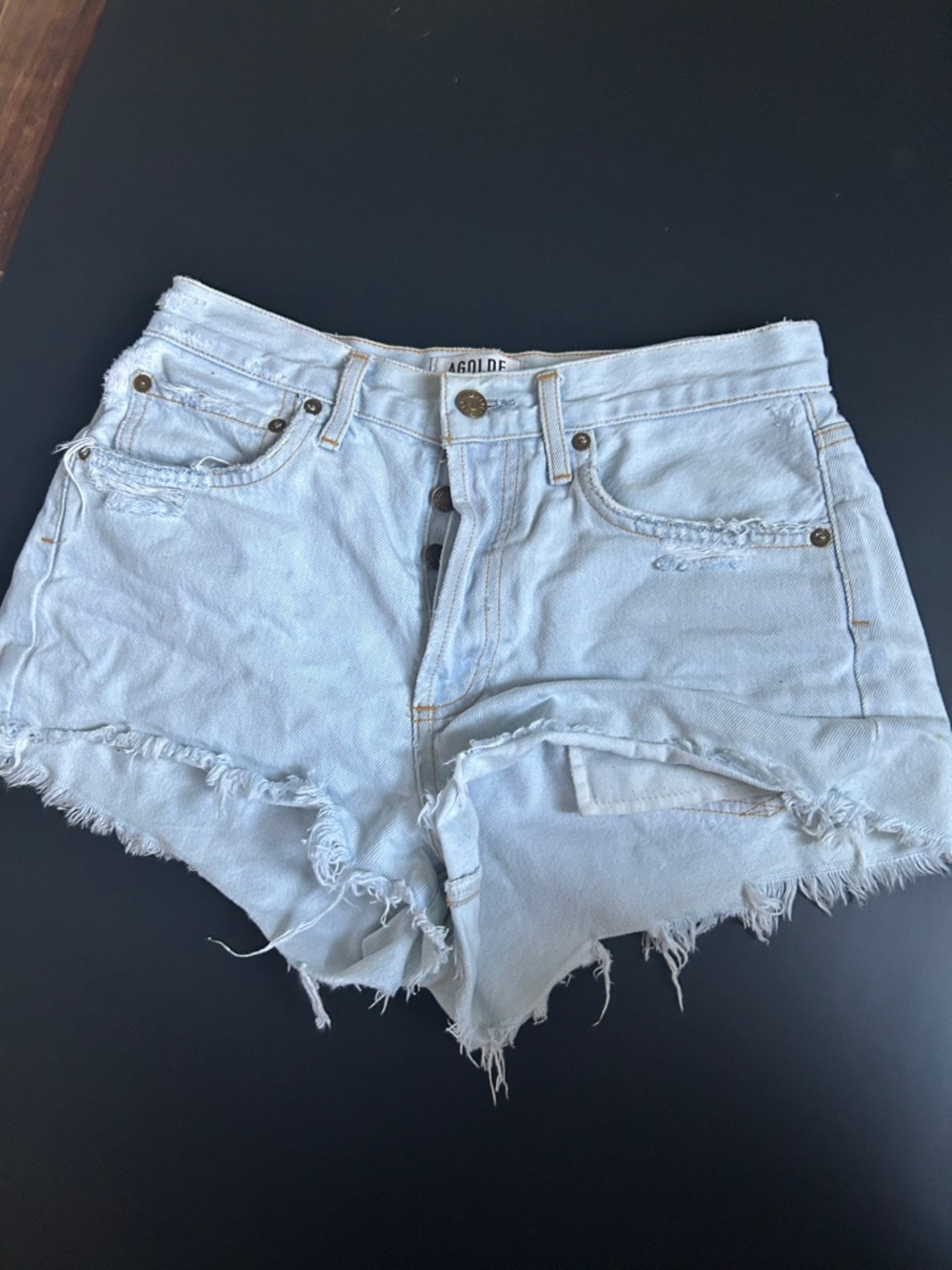 Agolde Faded Light Blue Distressed Cutoff Jean Shorts